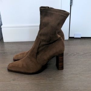 Zara Square Toe Faux Suede Tan Booties 38